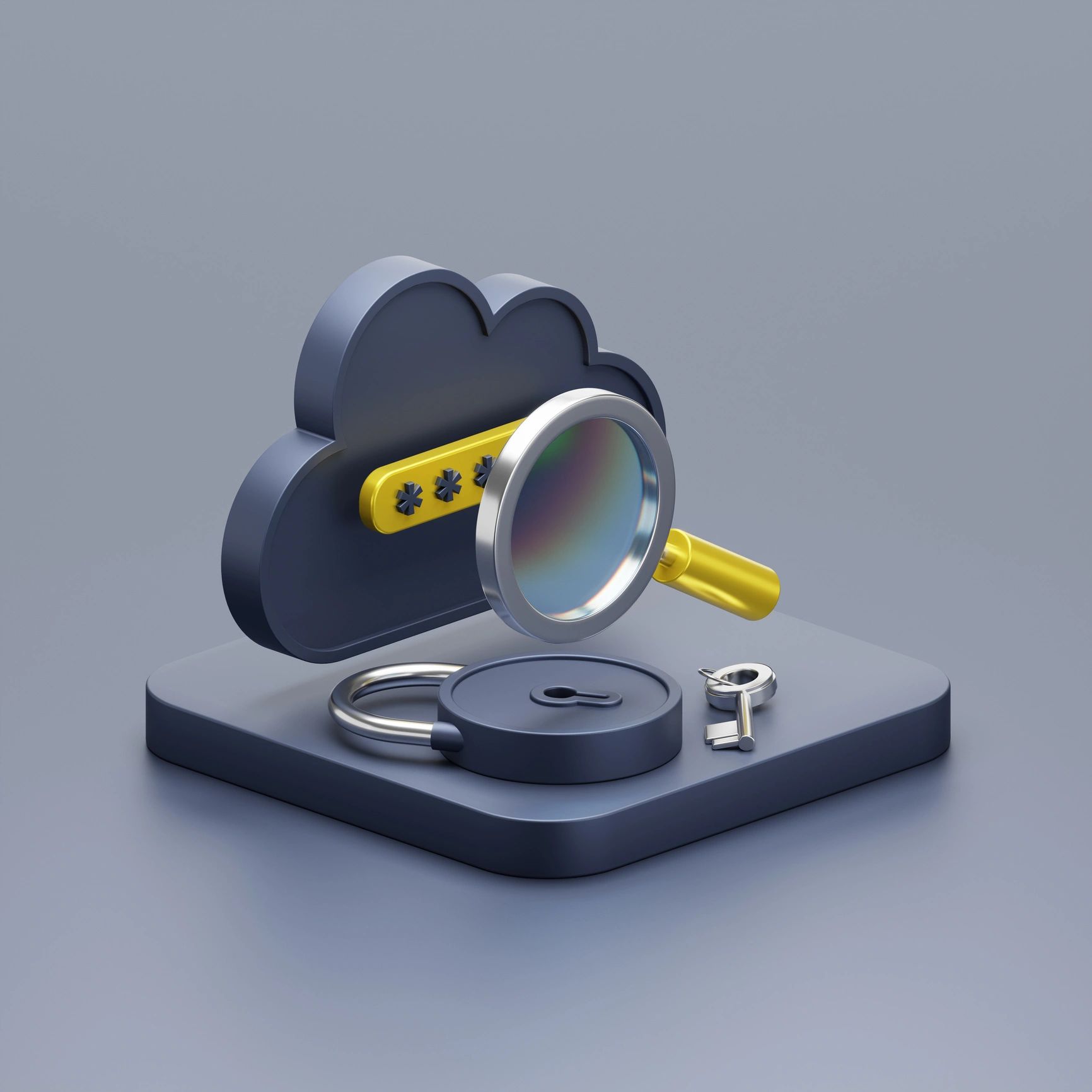 Cloud security concept with lock and magnifying glass