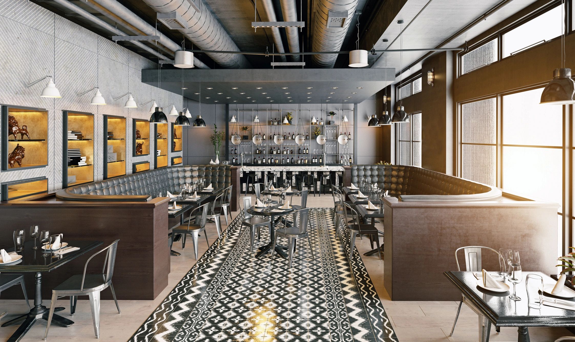 Modern interior with seating and counter