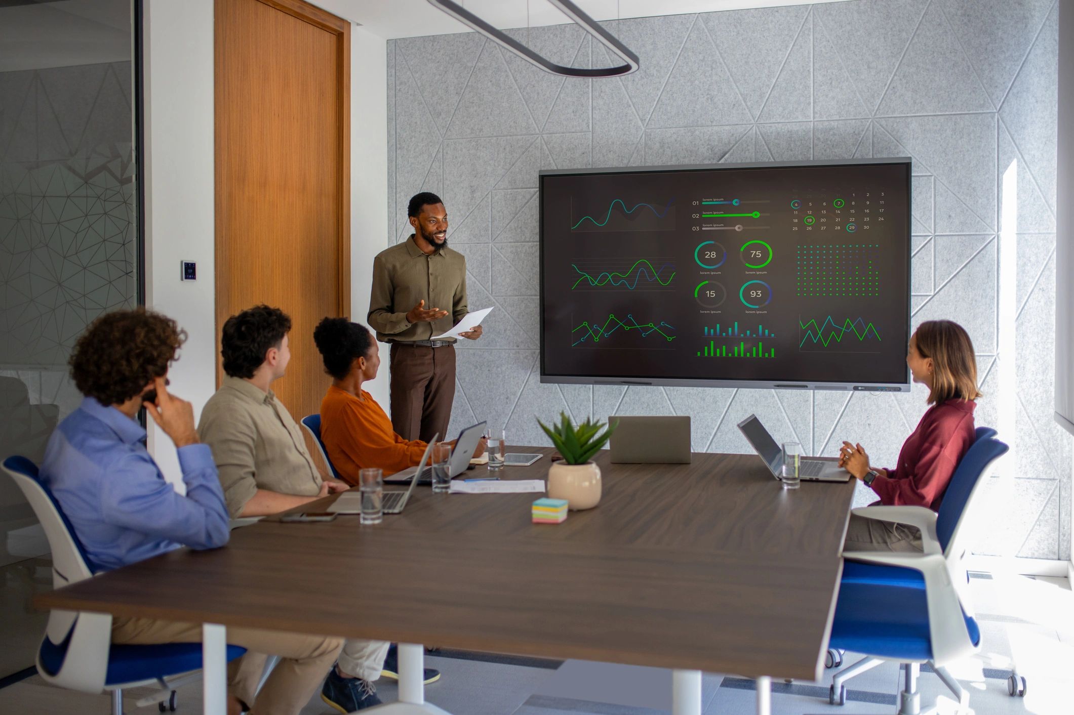 Business presentation with data charts on screen